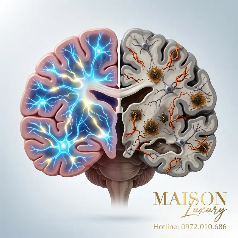 Hình ảnh so sánh giữa mô hình não khỏe mạnh và não bị ảnh hưởng bởi bệnh Alzheimer, thể hiện rõ các mảng bám và đám rối.