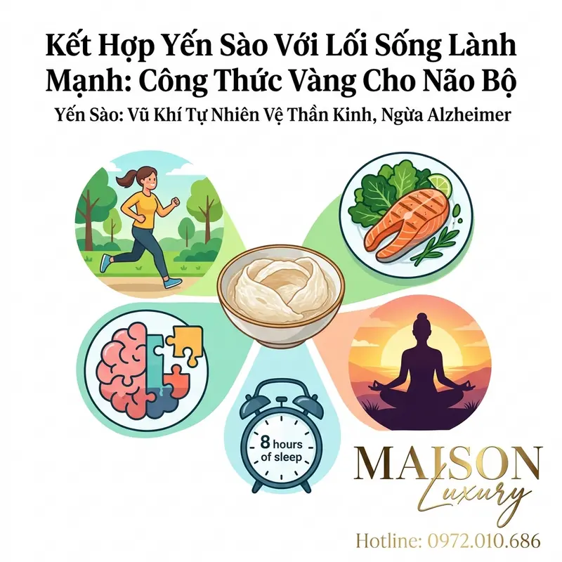 Hình ảnh minh họa lối sống lành mạnh kết hợp với yến sào, bao gồm tập thể dục, dinh dưỡng, ngủ nghỉ và rèn luyện trí não.