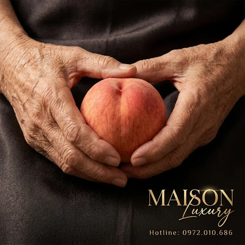 Hình ảnh biểu tượng: Quả đào - tượng trưng cho trường thọ trong văn hóa Á Đông, được nâng niu trong đôi tay của bậc cao niên.