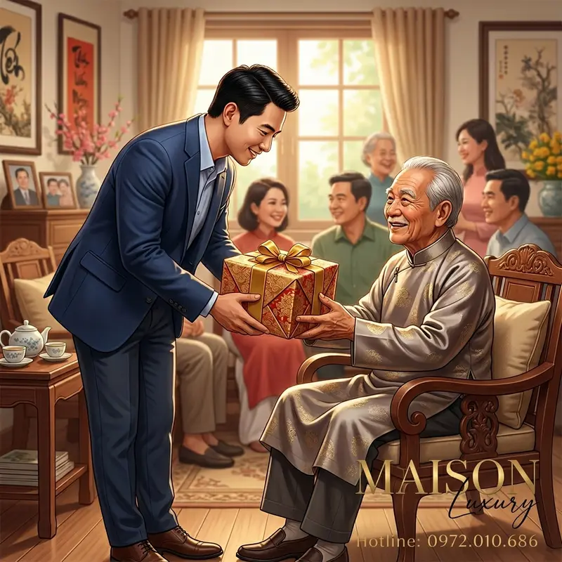 Khoảnh khắc trang trọng và ấm áp khi con cháu dùng hai tay trao quà và bậc cao niên đón nhận.
