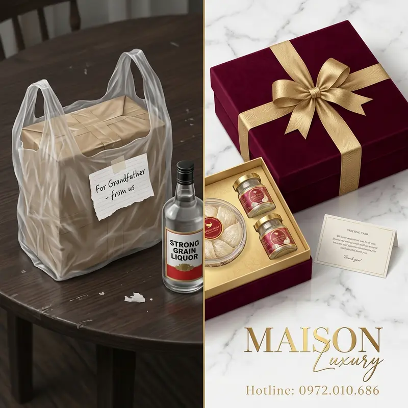 So sánh trực quan giữa cách tặng quà sai lầm (bao bì cẩu thả, quà không phù hợp) và cách tặng quà đúng chuẩn (sang trọng, ý nghĩa).