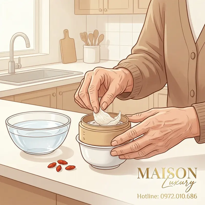 Đong đếm liều lượng yến sào phù hợp trước khi chưng cách thủy.