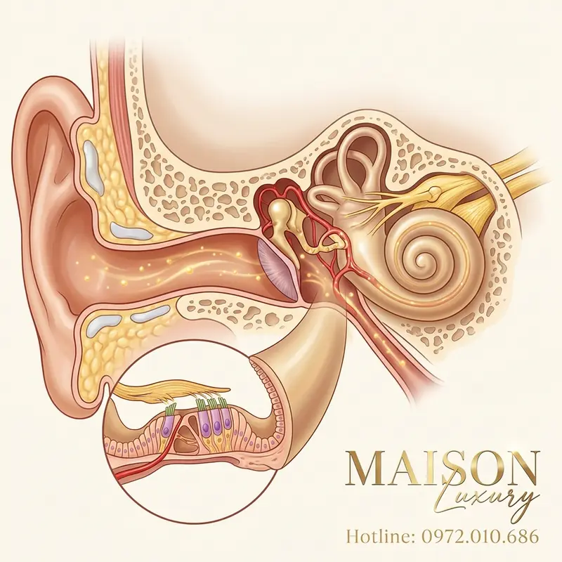 Minh họa dưỡng chất từ yến sào hỗ trợ tuần hoàn và tế bào thần kinh thính giác.