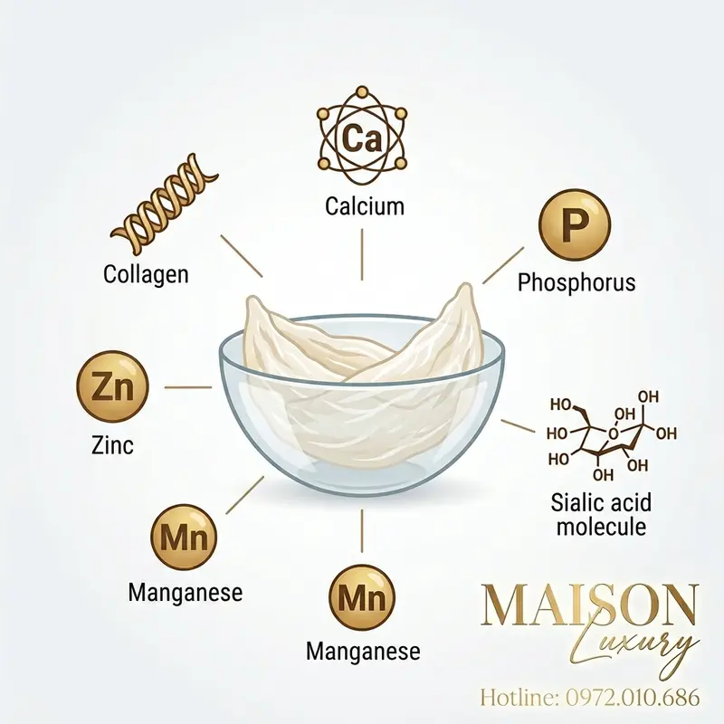 Minh họa các thành phần chính trong yến sào có lợi cho sức khỏe xương như collagen, canxi, photpho và khoáng vi lượng.