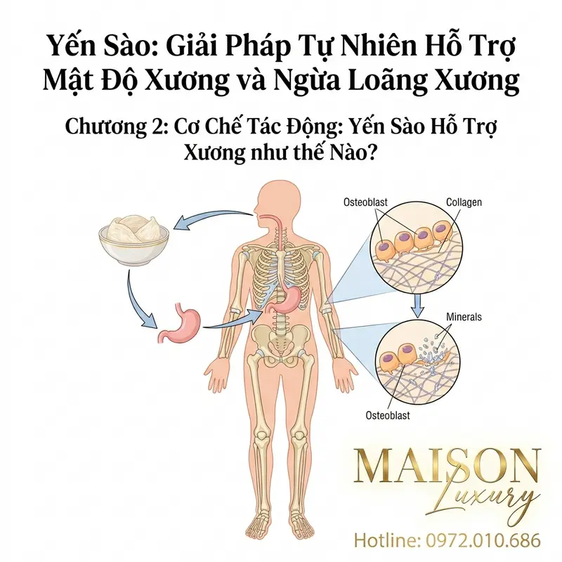 Sơ đồ minh họa cơ chế từ hấp thu dinh dưỡng đến hỗ trợ hoạt động của tế bào xương trong cơ thể.