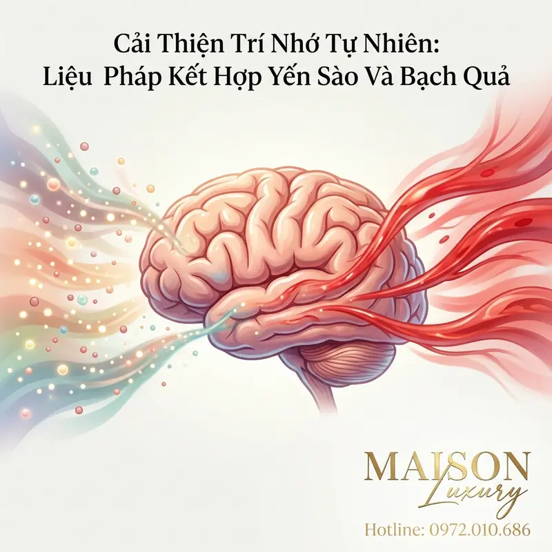 Minh họa cơ chế hiệp đồng: Yến sào cung cấp dưỡng chất, bạch quả tăng tuần hoàn máu đến não.
