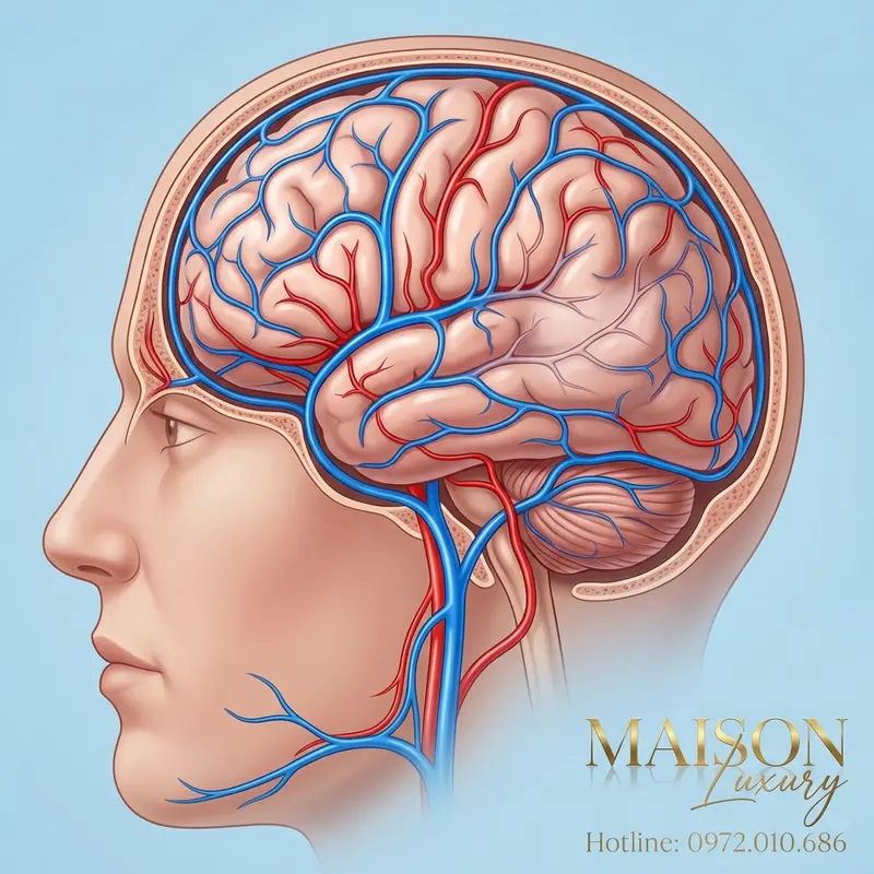 Hình ảnh minh họa mạng lưới tuần hoàn máu phức tạp trong não bộ con người.