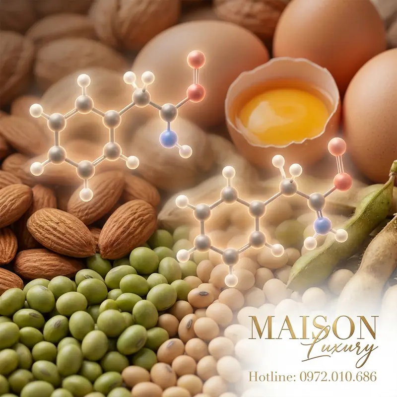 Mô hình phân tử Phenylalanine và các nguồn thực phẩm tự nhiên giàu axit amin này.