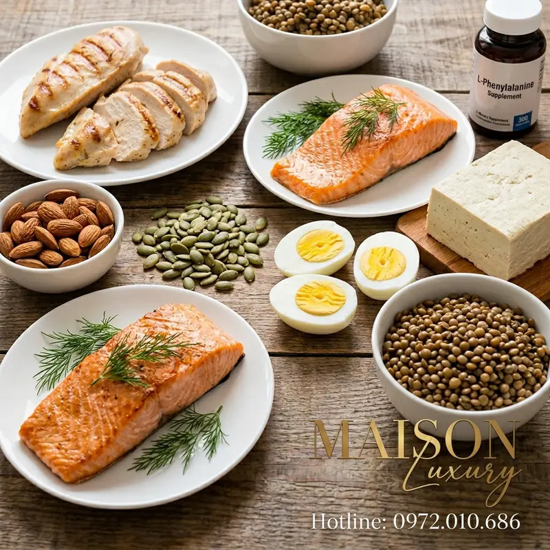 Bữa ăn với đa dạng thực phẩm tự nhiên giàu Phenylalanine như thịt gà, cá hồi, hạt và đậu.