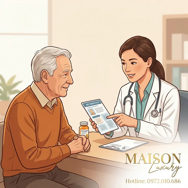 Hình ảnh người cao tuổi đang tham vấn với chuyên gia y tế về việc sử dụng các chế phẩm bổ sung một cách an toàn.