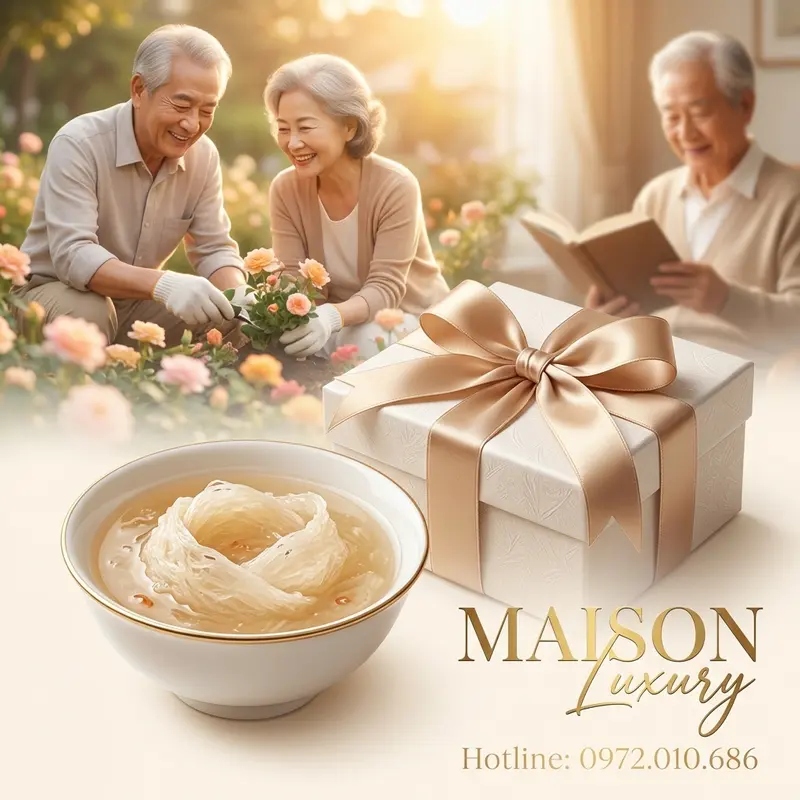 Yến sào thượng hạng được trình bày tinh tế bên cạnh hộp quà sang trọng, tượng trưng cho món quà sức khỏe vàng.