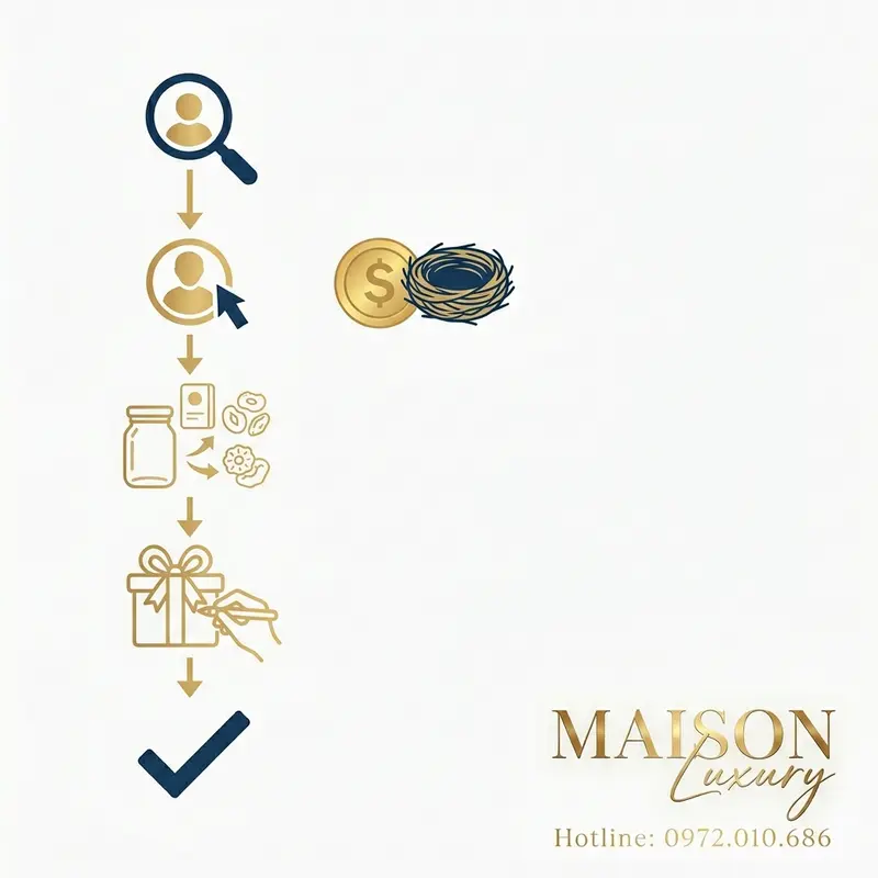Quy trình 5 bước hệ thống từ thu thập thông tin đến hoàn thiện một hộp quà yến sào cá nhân hóa.