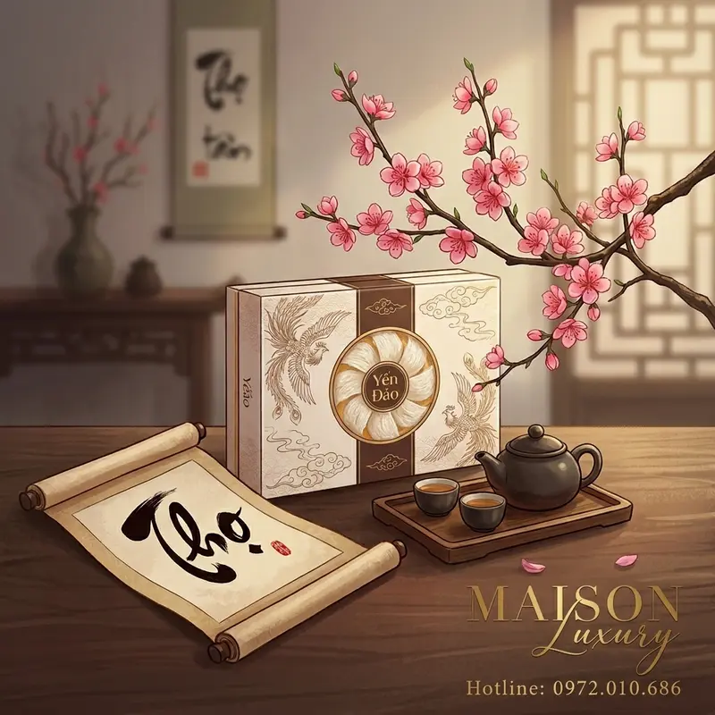 Set quà Yến Đảo sang trọng đặt cạnh các biểu tượng văn hóa truyền thống.