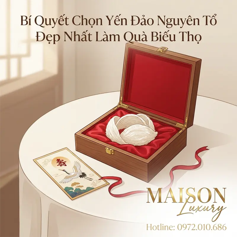 Set quà yến đảo cao cấp được đóng hộp gỗ và trang trí tinh tế, phù hợp làm quà biếu thọ.