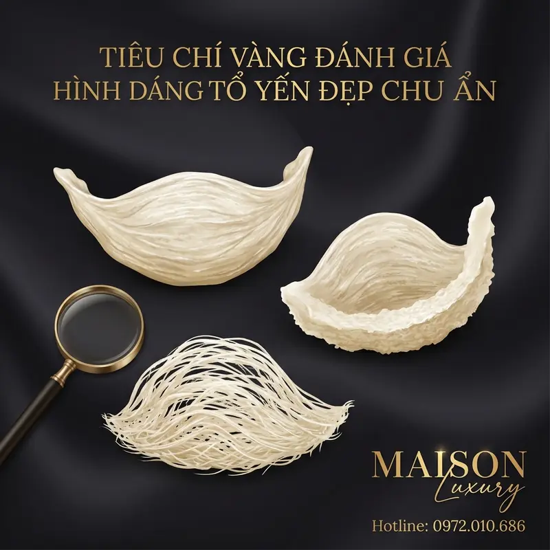 So sánh trực quan các tiêu chí về hình dáng, độ dày và kết cấu của tổ yến đẹp.