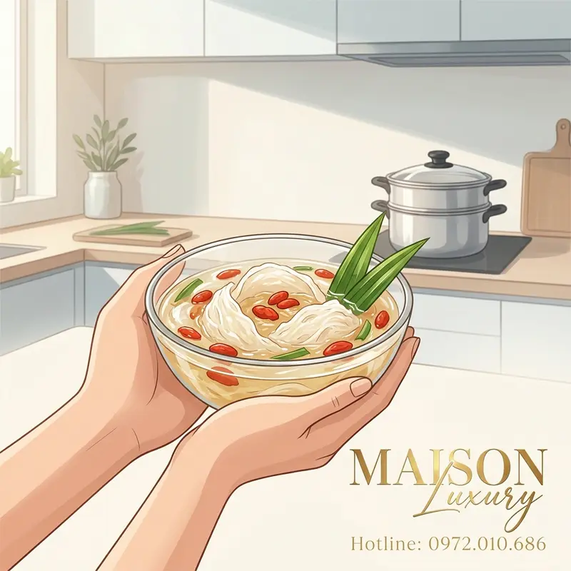 Một bát yến chưng đường phèn với kỷ tử, được chế biến đúng cách để giữ trọn dinh dưỡng, sẵn sàng để thưởng thức.