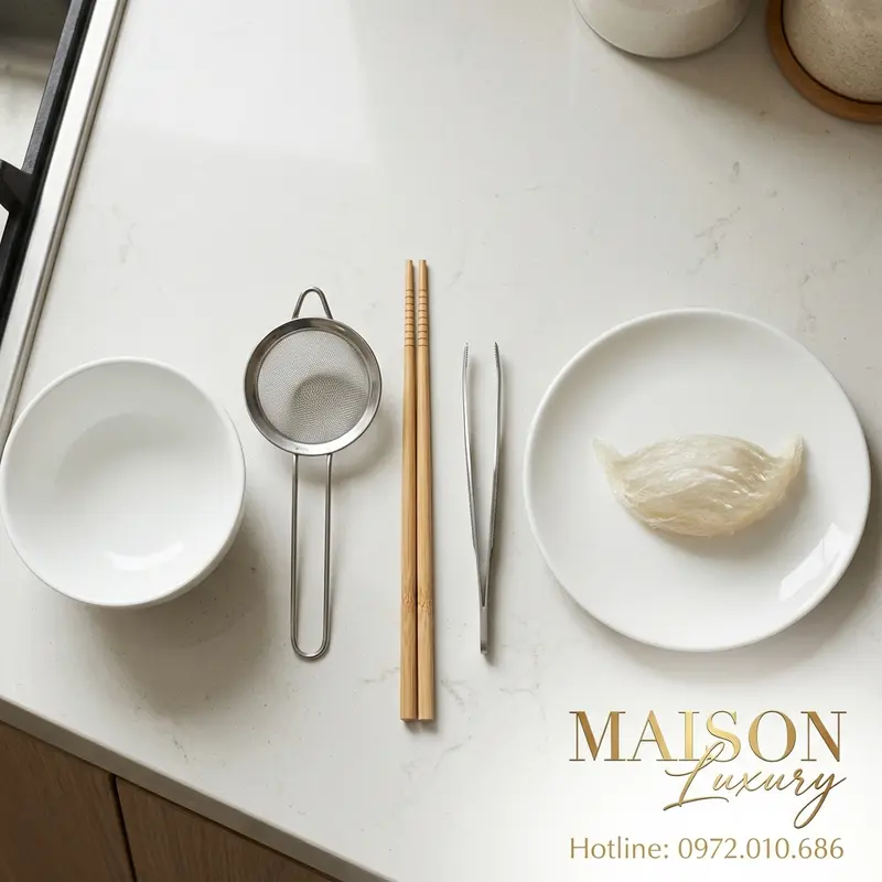 Bộ dụng cụ đơn giản, đầy đủ cần chuẩn bị trước khi sơ chế yến.