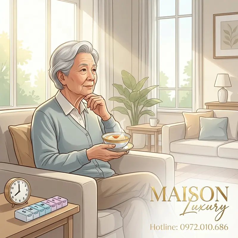 Người cao tuổi dùng yến sào vào buổi sáng, bên cạnh hộp thuốc và đồng hồ.