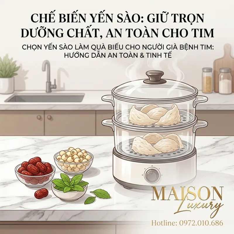 Chưng yến cách thủy với các nguyên liệu lành mạnh như táo đỏ, hạt sen.