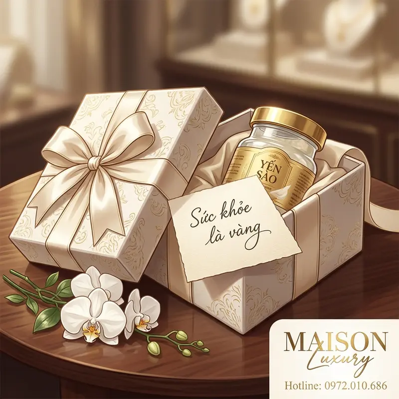 Set quà yến sào được đóng gói sang trọng kèm thiệp chúc sức khỏe.