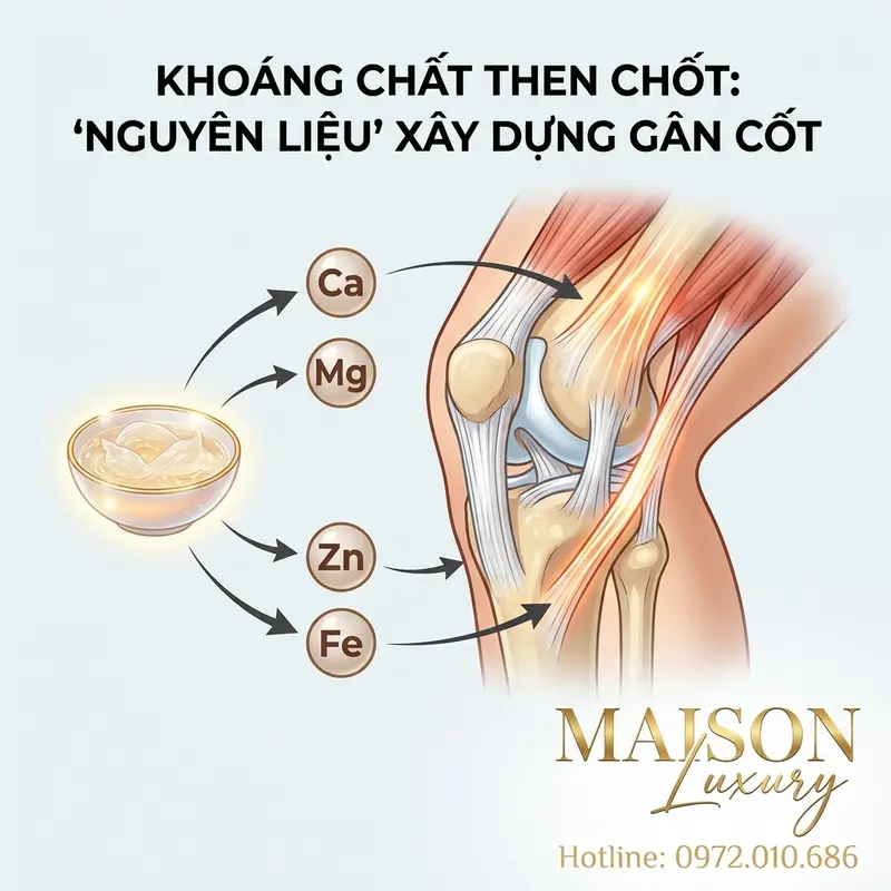 Cơ chế các khoáng chất từ yến đảo hỗ trợ củng cố cấu trúc collagen trong gân.