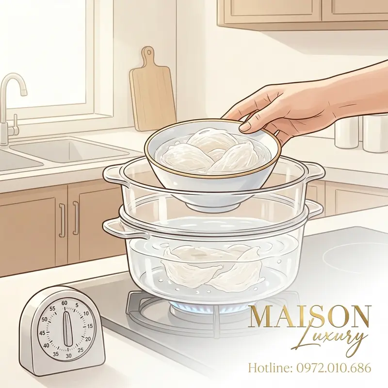 Chưng cách thủy là phương pháp tối ưu để giữ nguyên độ dai và dưỡng chất trong sợi yến đảo.