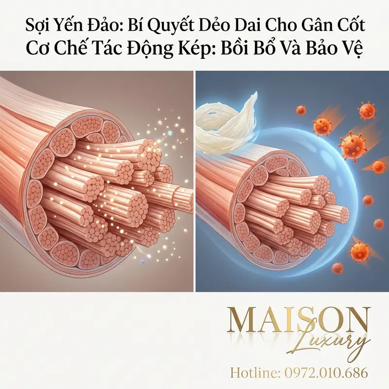 Minh họa cơ chế kép: khoáng chất tái tạo sợi collagen và thành phần chống oxy hóa bảo vệ gân.