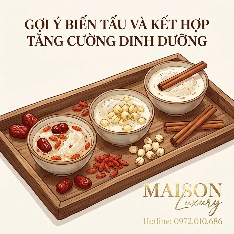 Các biến tấu món yến chưng sữa hạnh nhân với táo đỏ, hạt sen, quế để đa dạng hương vị và công dụng.