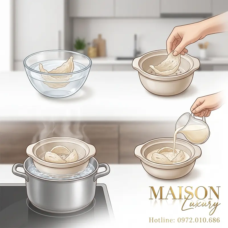 Quy trình 4 bước chưng yến sào với sữa hạnh nhân đúng chuẩn, giữ trọn dưỡng chất.