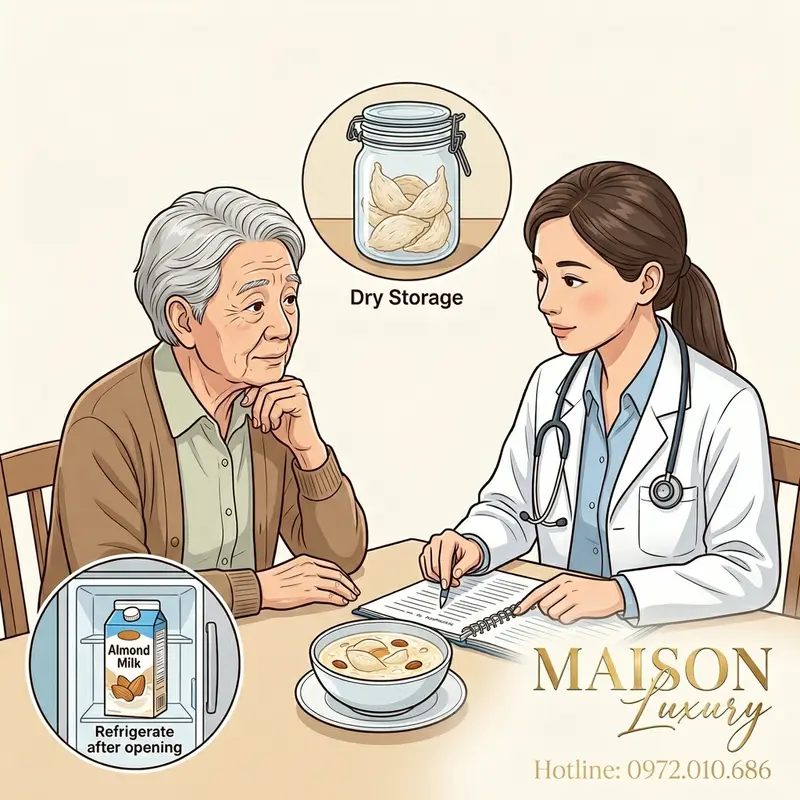 Tư vấn sử dụng và bảo quản yến sào với sữa hạnh nhân an toàn, hiệu quả cho người cao tuổi.