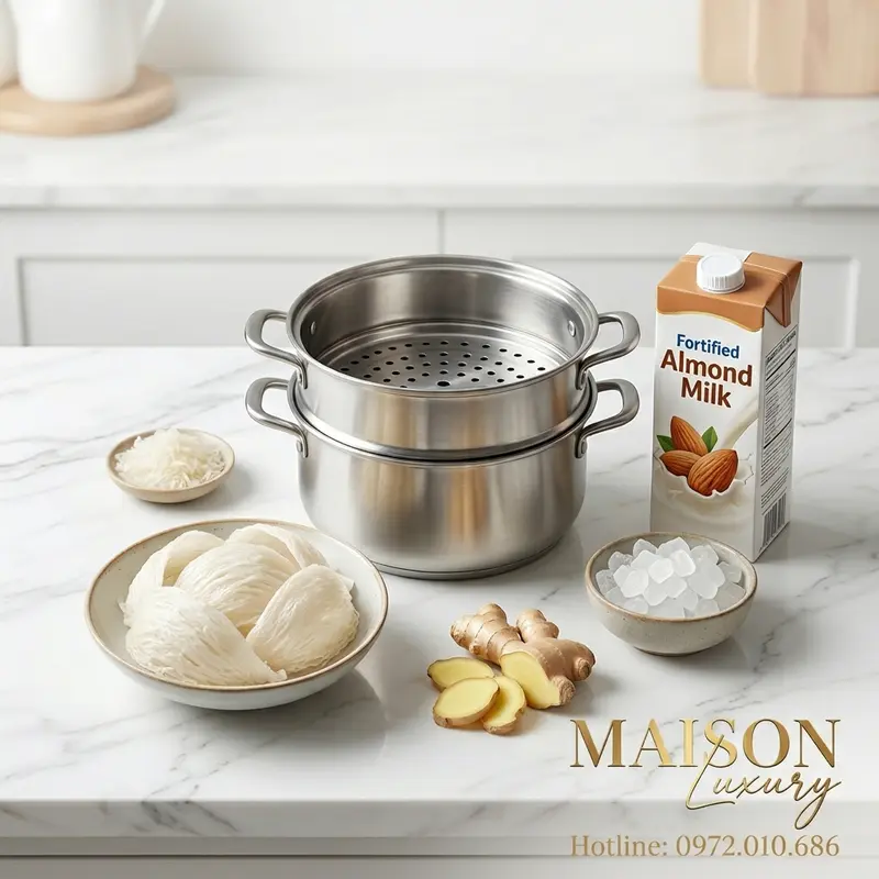 Bộ nguyên liệu và dụng cụ chất lượng cần thiết để chưng yến sào với sữa hạnh nhân.