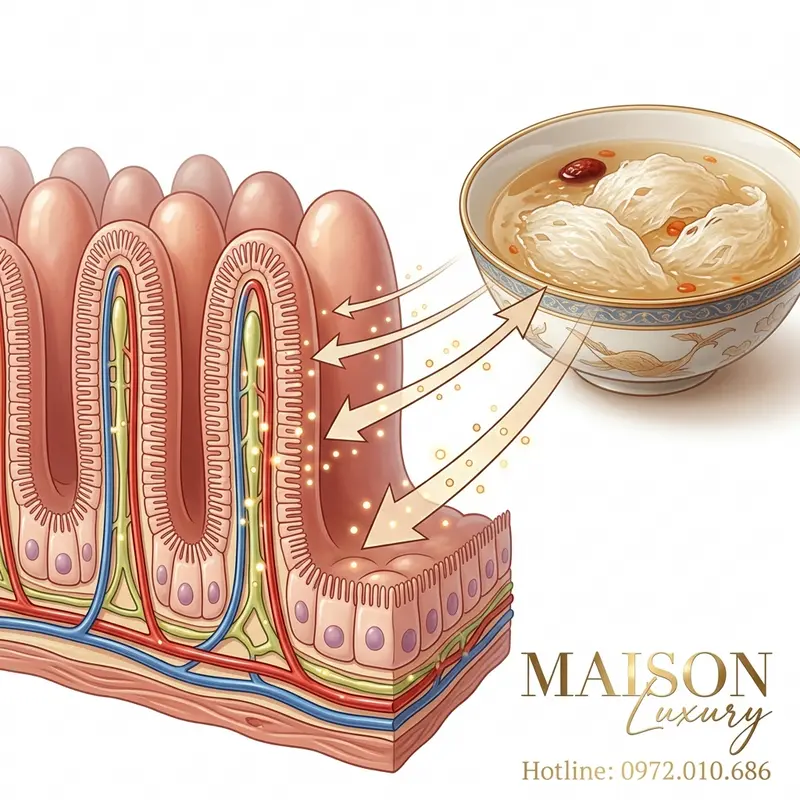 Minh họa cơ chế hấp thụ dinh dưỡng dễ dàng từ yến sào tại nhung mao ruột.
