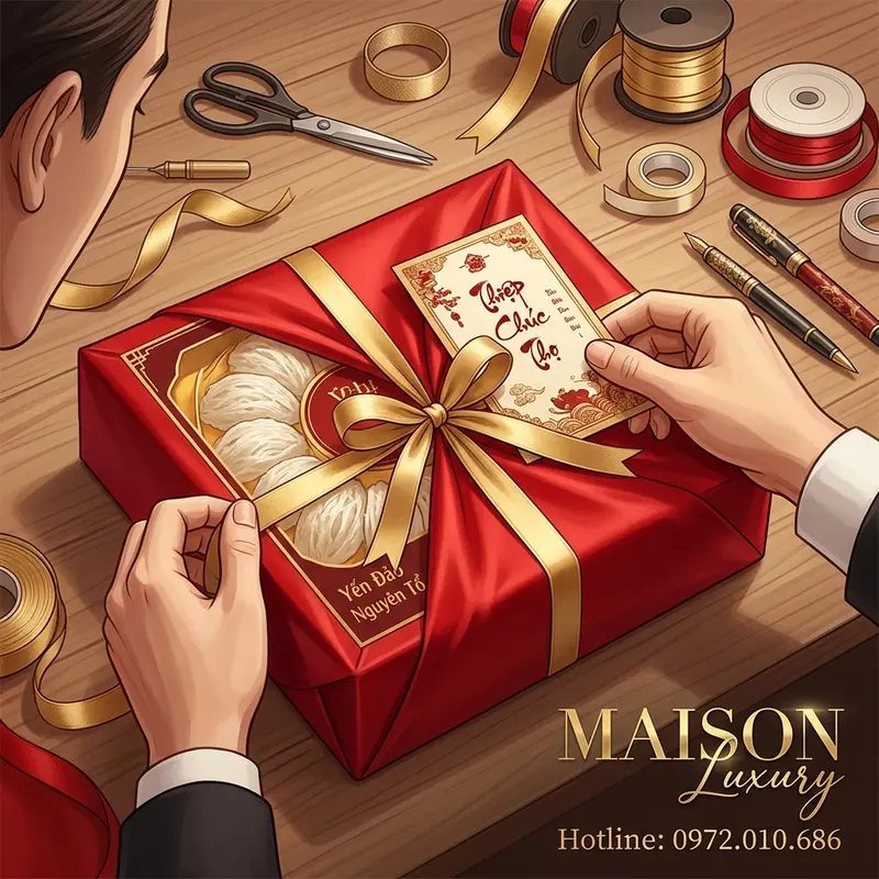 Quá trình gói quà yến đảo tinh tế với thiệp chúc thọ.