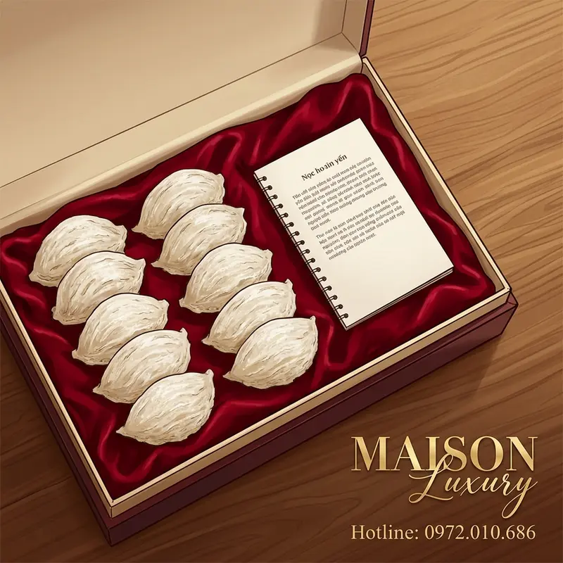 Hộp quà yến đảo nguyên tổ mở ra với tổ yến xếp gọn gàng.