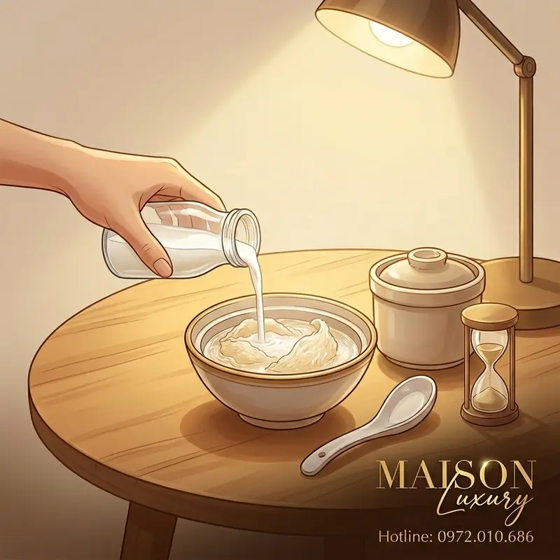 Đổ sữa công thức vào yến sào đã chưng, khuấy nhẹ.