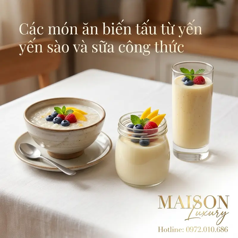 Ba món biến tấu từ yến sào và sữa công thức: cháo, pudding, sinh tố.