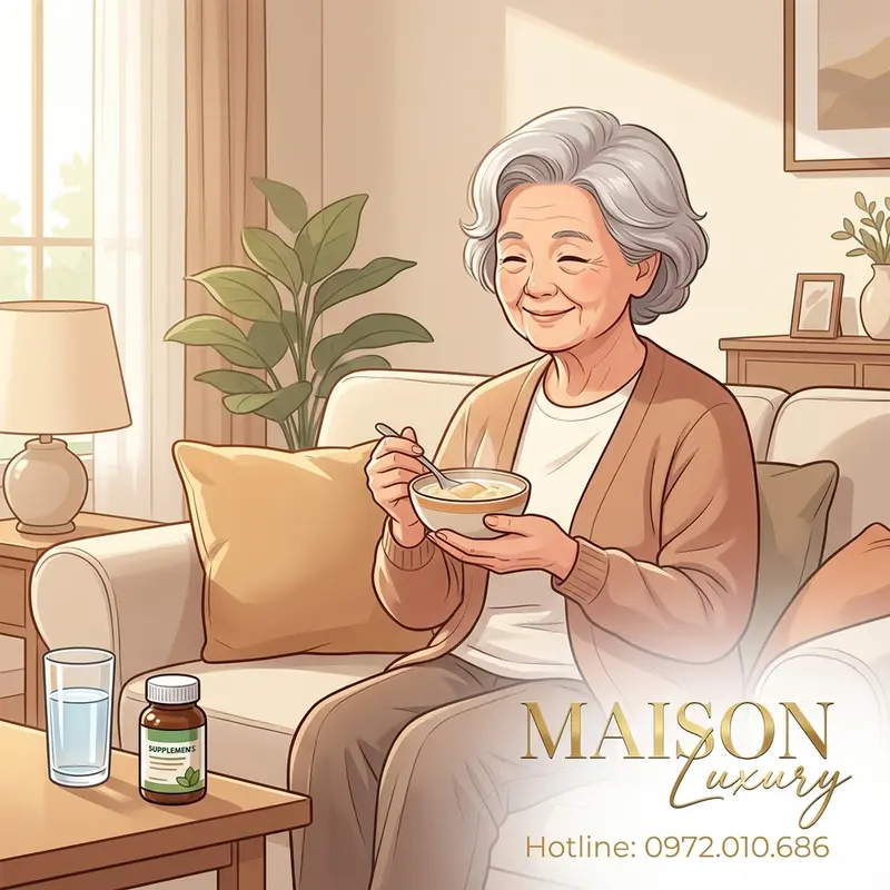Người cao tuổi thưởng thức yến sào sữa ấm trong không gian thoải mái.