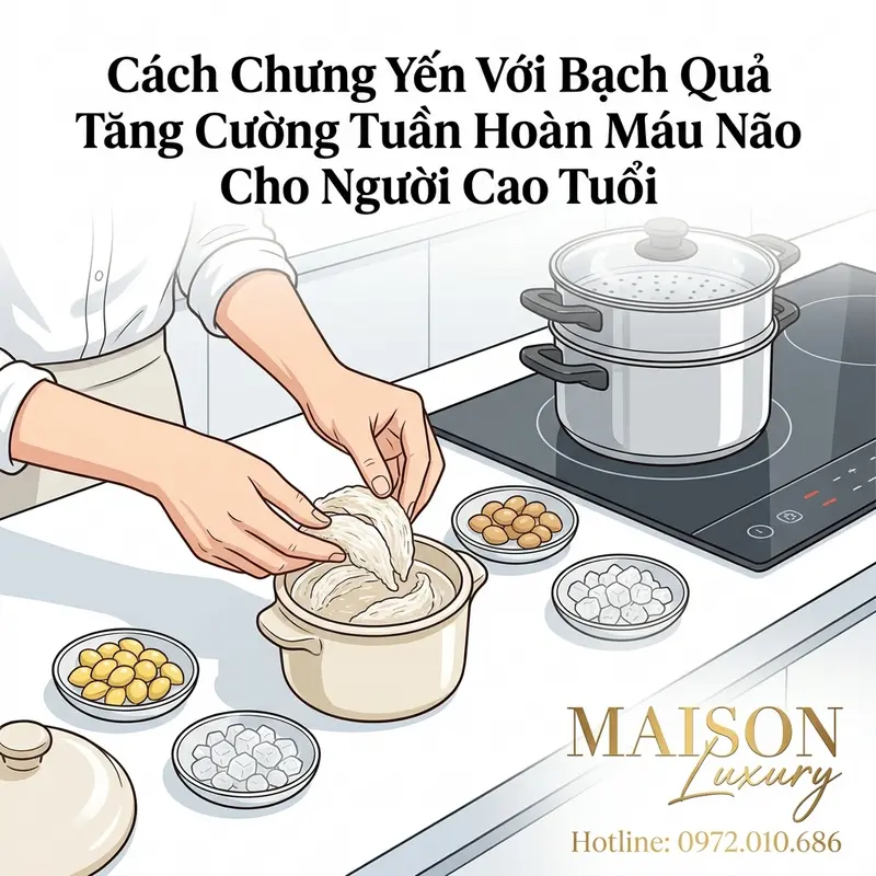 Bước chế biến yến chưng bạch quả trong thố sứ