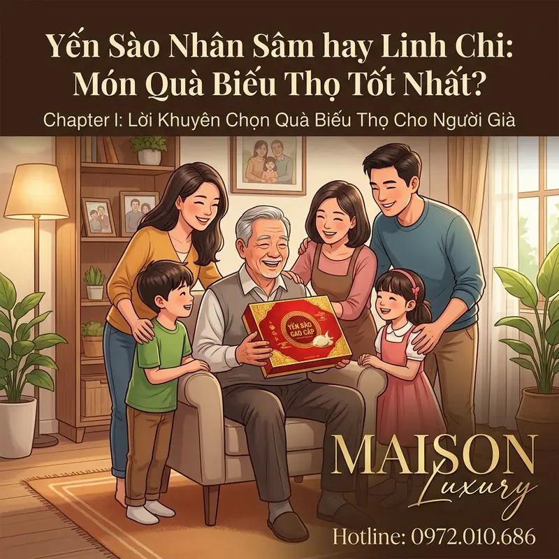 Người cao tuổi vui vẻ nhận quà yến sào từ gia đình.