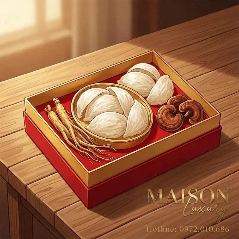 Hộp quà yến sào cao cấp kết hợp nhân sâm và linh chi.