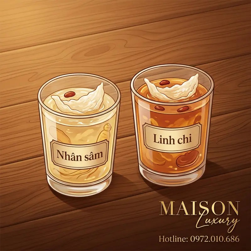 So sánh hai ly yến sào vị nhân sâm và linh chi.