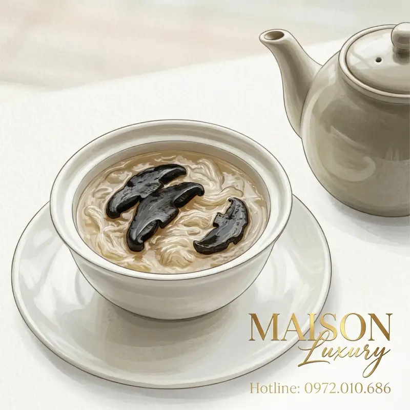 Chén yến sào vị linh chi kèm lát nấm linh chi.