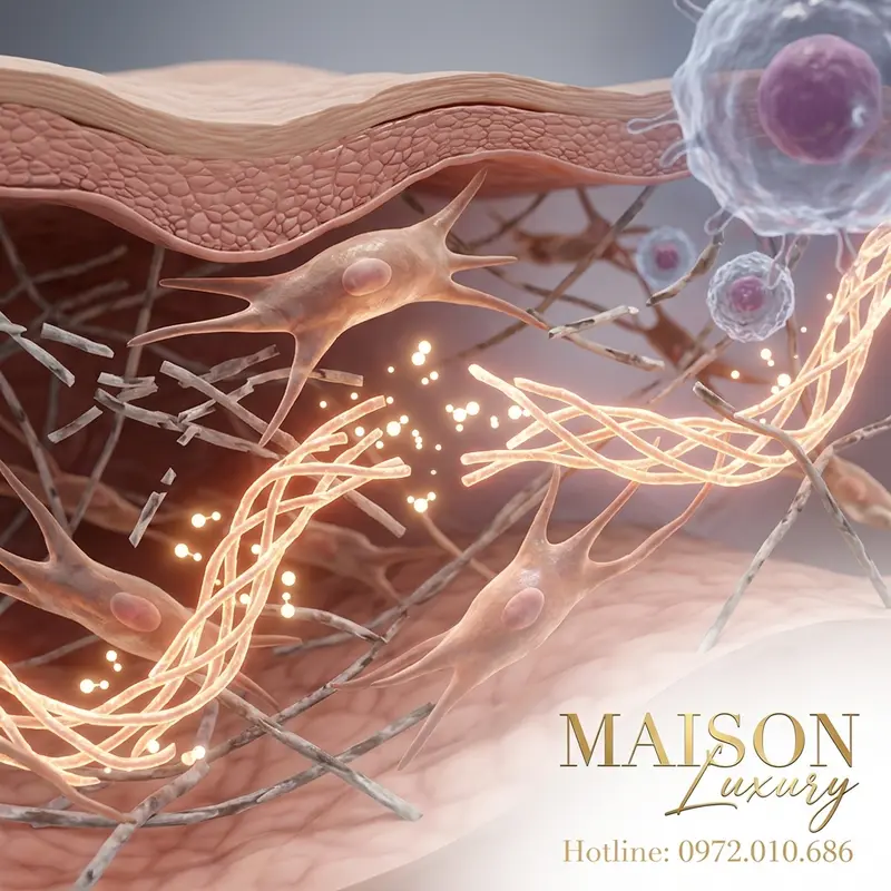 Minh họa Proline sửa chữa collagen trong tế bào da người già.