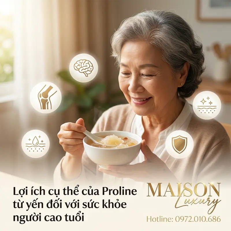 Người cao tuổi tận hưởng lợi ích sức khỏe từ yến giàu Proline.
