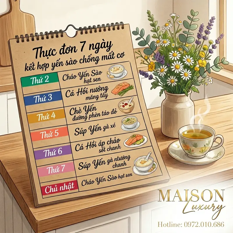 Lịch thực đơn 7 ngày kết hợp yến sào giúp người già phòng ngừa mất cơ.
