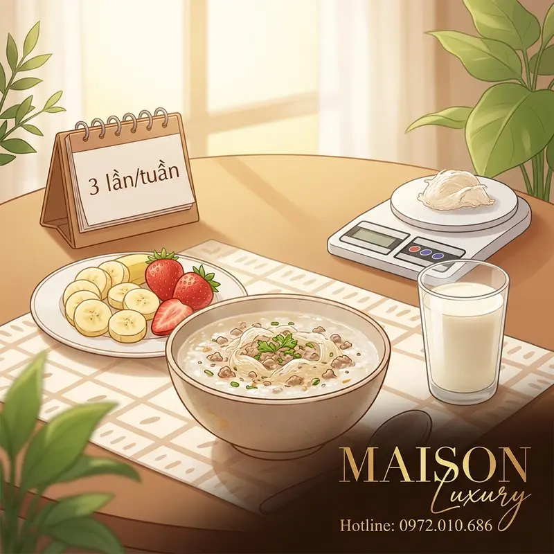 Thực đơn sáng kết hợp cháo yến thịt băm giàu protein cho người lớn tuổi.