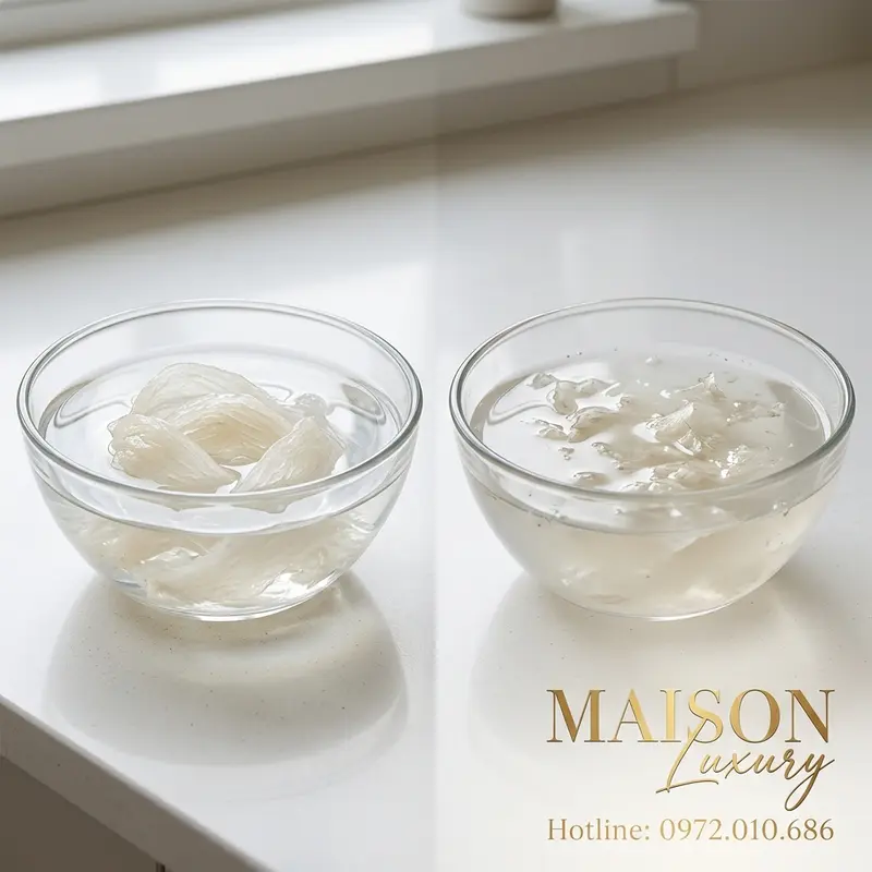 So sánh yến sào thật (trái) và yến giả kém chất lượng (phải).