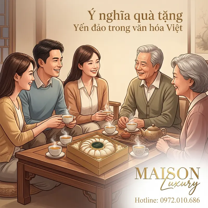 Gia đình bên nhau và hộp quà yến đảo Maison Luxury