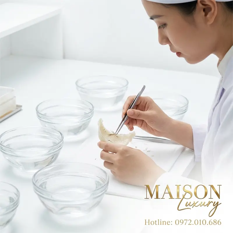 Nhặt lông yến thủ công – bí quyết tạo nên Yến Maison Luxury.