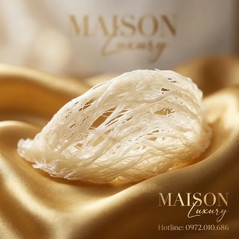 Tổ yến đạt chuẩn vàng Maison Luxury với màu sắc tự nhiên và kết cấu sợi hoàn hảo.